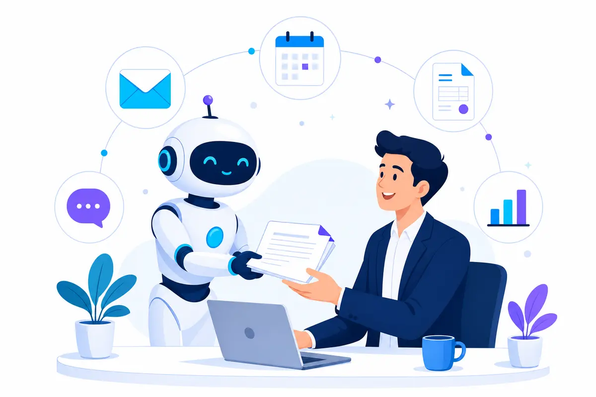 Friendly AI assistant helping a business owner with paperwork